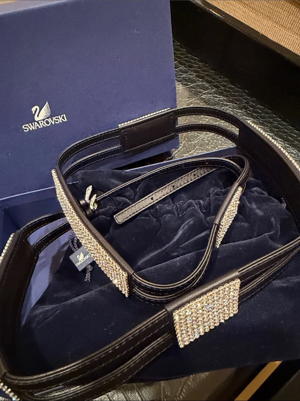 Swarovski Black Leather Belt with Crystal Pavé Buckle